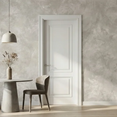 licht taupe betonlook behang met wolkachtige diepte in de eetkamer