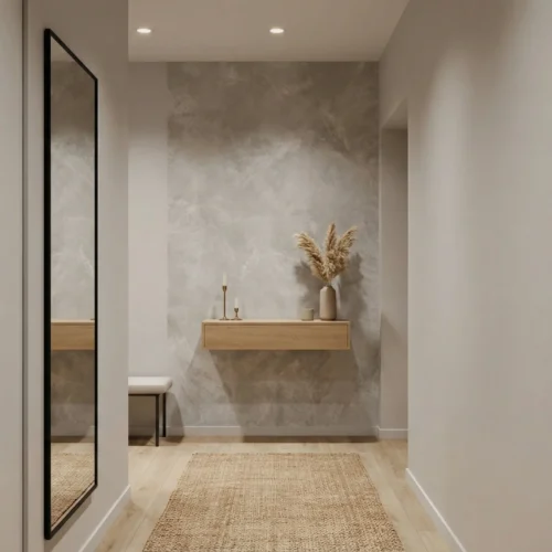 licht taupe betonlook behang met wolkachtige diepte in de hal