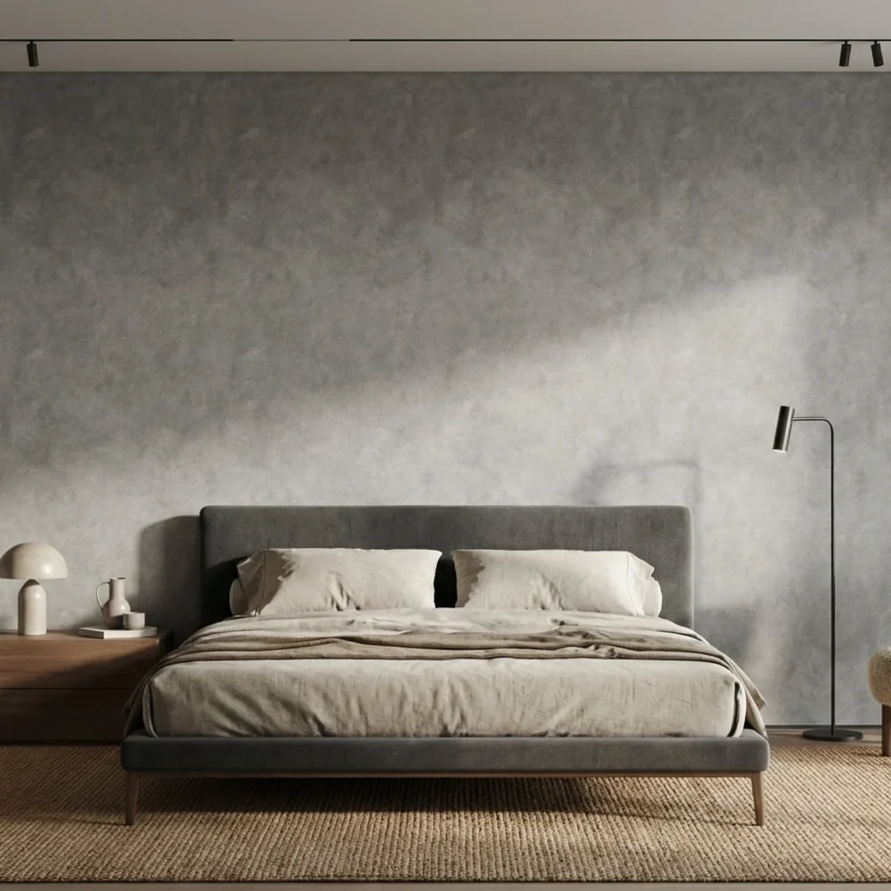 koel grijs betonlook behang achter bed in moderne slaapkamer