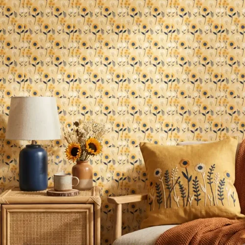 bloemen behang gele zonnebloemen achter nachtkastje in slaapkamer