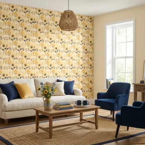 bloemen behang gele zonnebloemen achter bank in lichte woonkamer