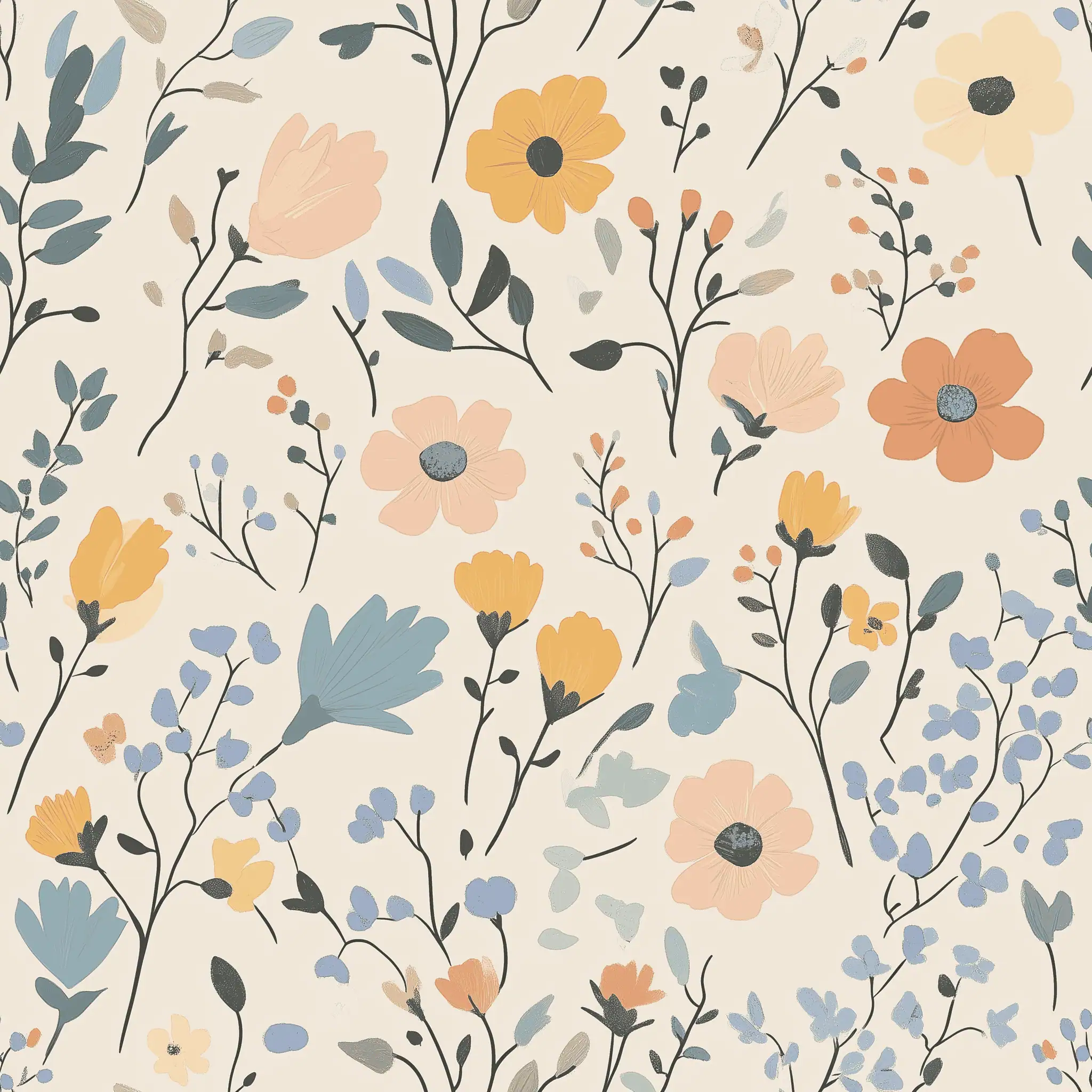 bloemen behang pastel geel blauw met handgetekende bloemen op crèmekleurige achtergrond