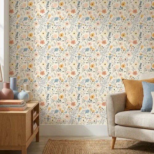 bloemen behang pastel geel blauw achter lichte bank in moderne woonkamer