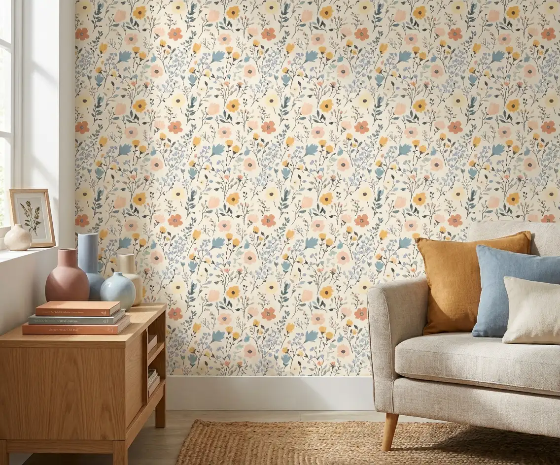 bloemen behang pastel geel blauw achter lichte bank in moderne woonkamer