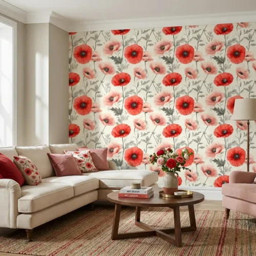 bloemen behang rode klaprozen achter hoekbank in lichte woonkamer