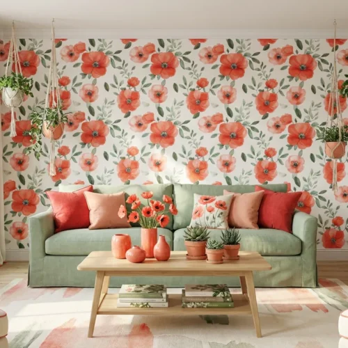 bloemen behang rode klaprozen achter bank in lichte woonkamer