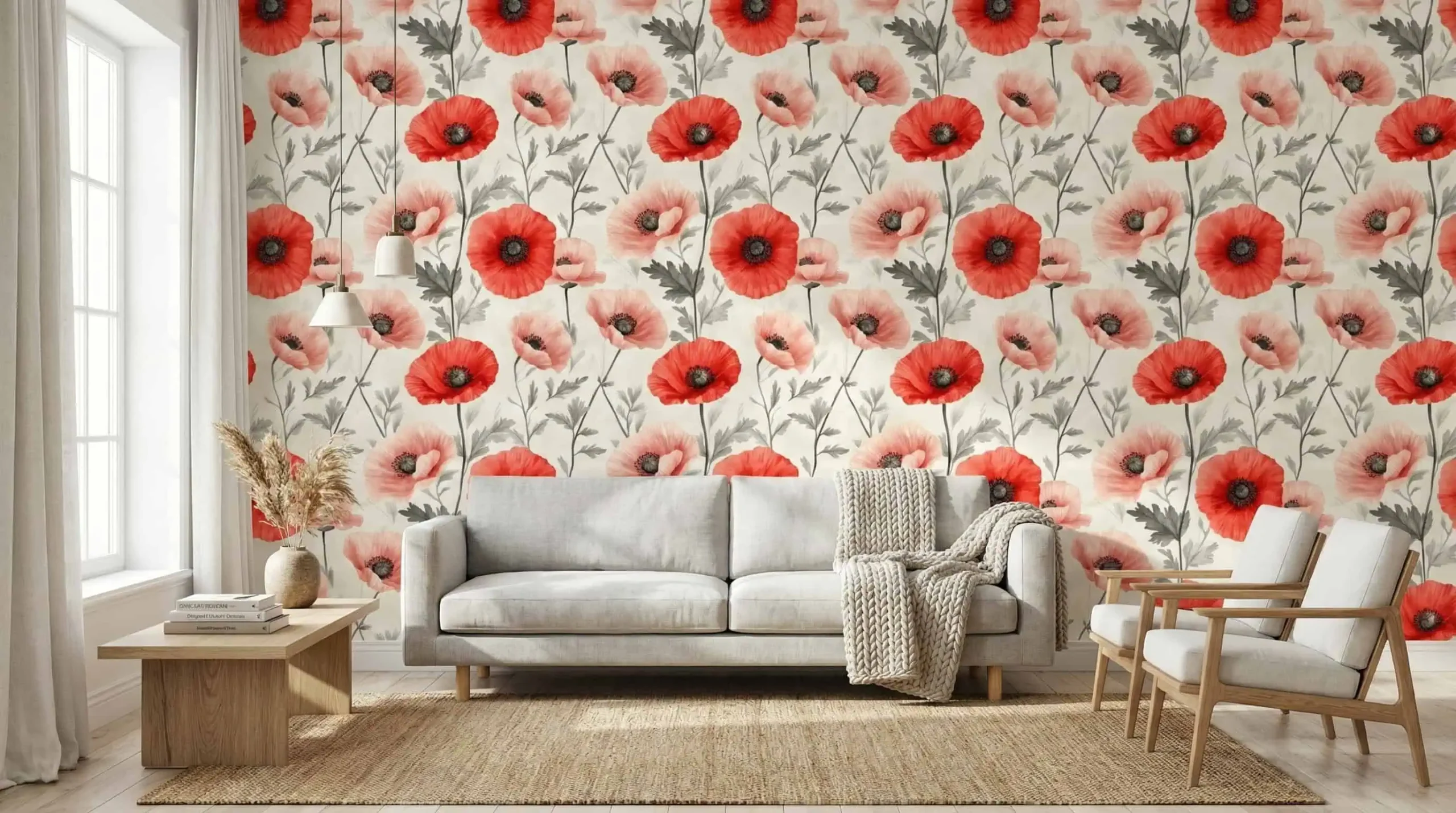 bloemen behang rode klaprozen achter bank in woonkamer met houten accenten