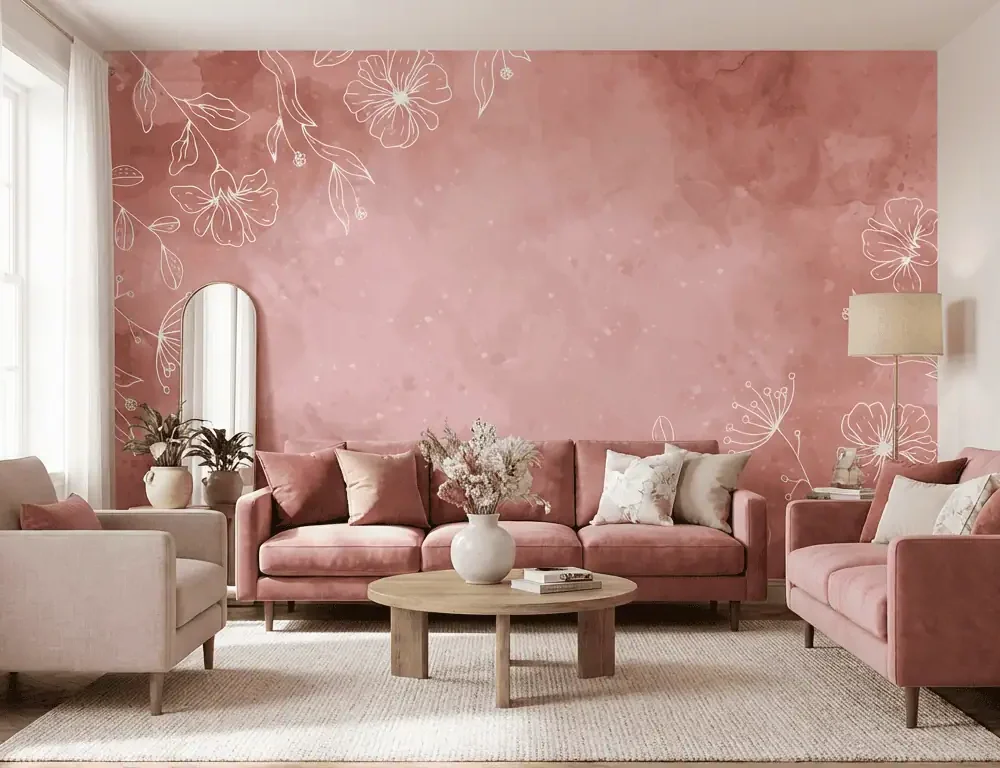 bloemen behang roze aquarel achter roze hoekbank in lichte woonkamer