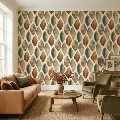 bloemen behang terracotta achter bank in warme woonkamer