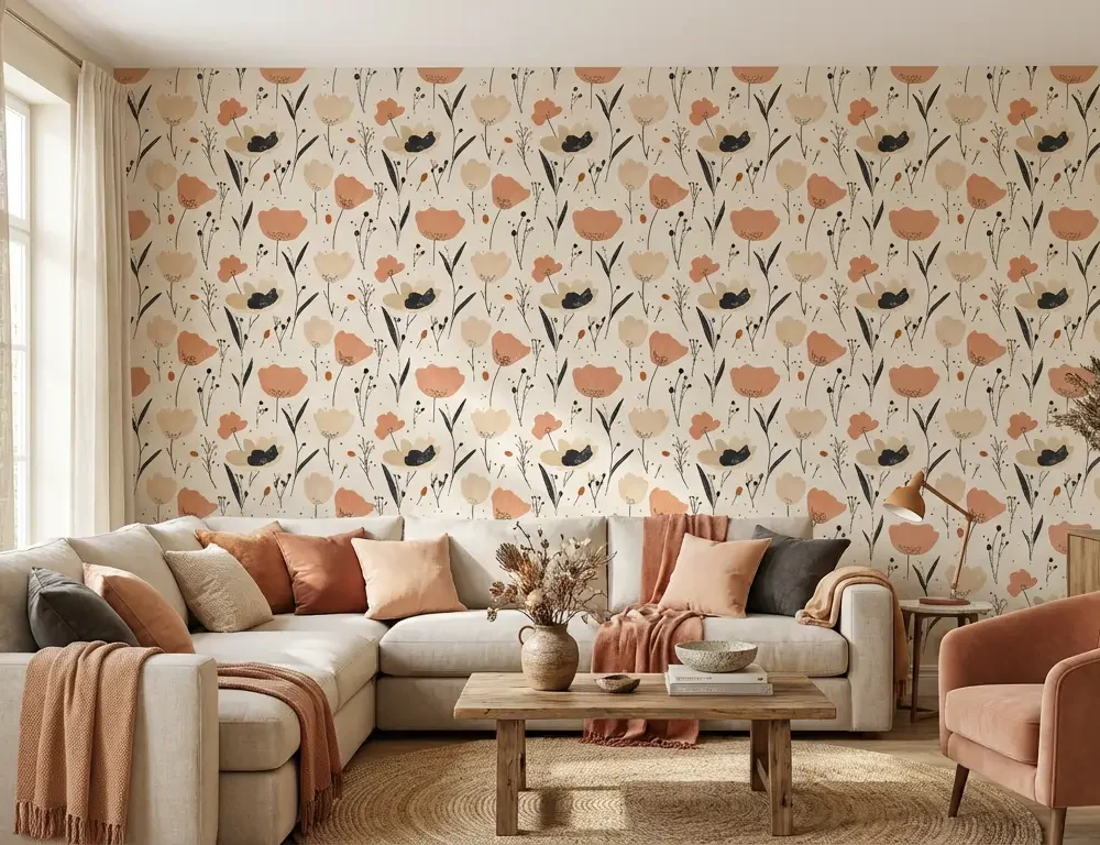 bloemen behang terracotta achter hoekbank in lichte woonkamer