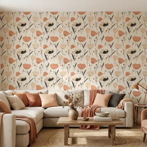 bloemen behang terracotta achter hoekbank in lichte woonkamer