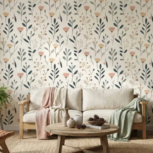 Scandinavisch bloemen behang in zachte perzik en donkergroen achter bank in lichte woonkamer