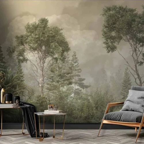 bos behang mistig achter fauteuil in moderne woonkamer