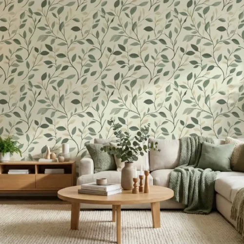 botanisch bladeren behang in saliegroen achter hoekbank in lichte woonkamer