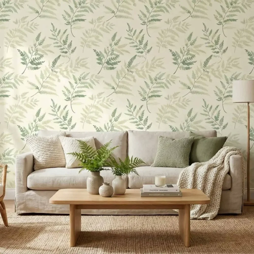 botanisch bladeren behang met varens achter bank in lichte woonkamer
