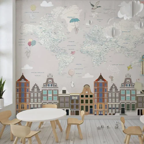 wereldkaart amsterdam kinderkamer fotobehang in het interieur