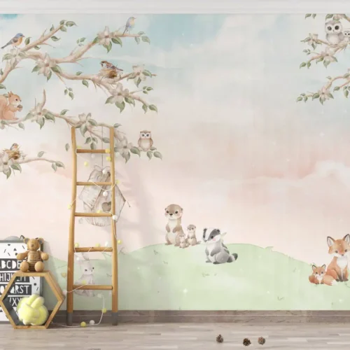 dieren behang babykamer achter ladder en speelgoed in kinderkamer