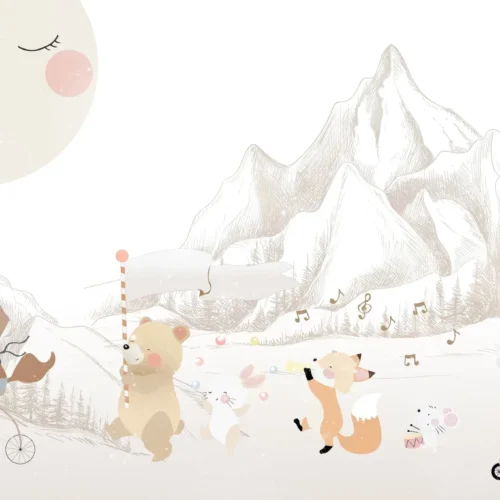 dieren behang bergen met pastel dierenparade en maan op lichte achtergrond