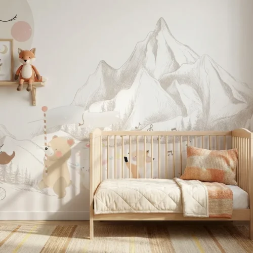 dieren behang bergen achter ledikant in lichte kinderkamer