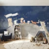 dieren behang blauwe nacht achter tipi tent in knusse kinderkamer