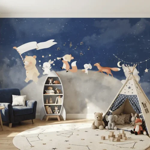 dieren behang blauwe nacht achter tipi tent in knusse kinderkamer