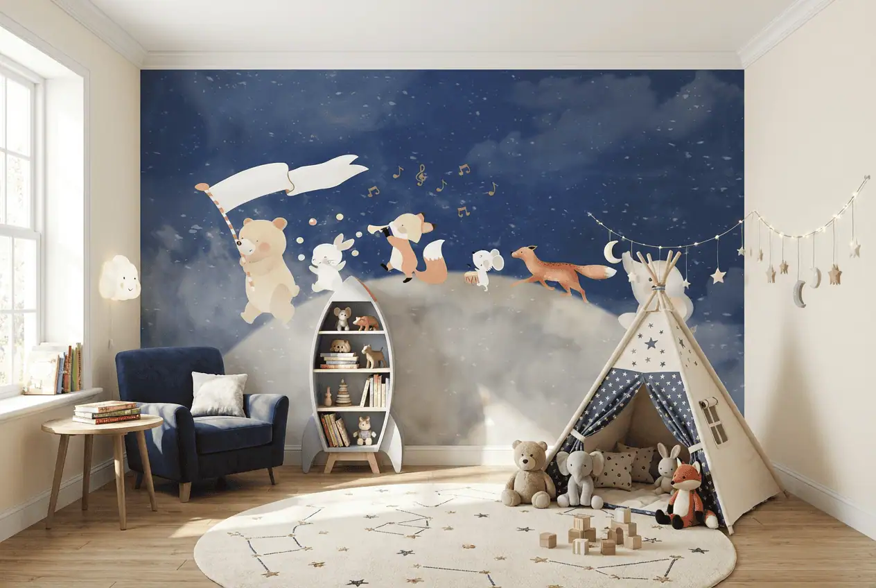 dieren behang blauwe nacht achter tipi tent in knusse kinderkamer