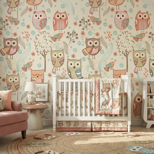 dieren behang uiltjes pastel crème achter babybedje in babykamer