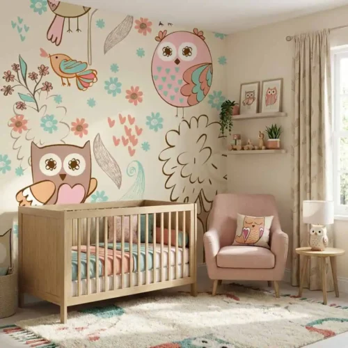 dieren behang uiltjes pastel crème achter houten ledikant in babykamer