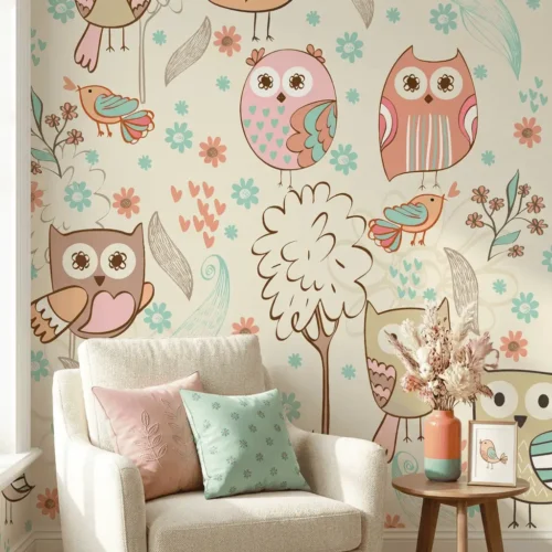 dieren behang uiltjes pastel crème achter crèmekleurige stoel in babykamer