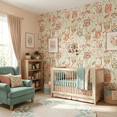 dieren behang uiltjes pastel crème achter mintgroene fauteuil en babybedje in babykamer