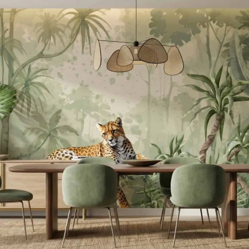 jungle behang luipaard achter eettafel in moderne eetkamer