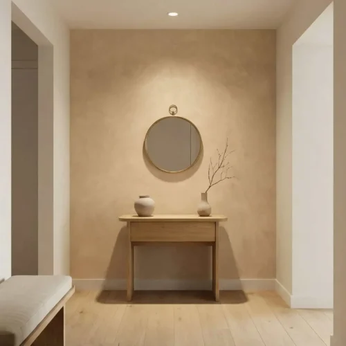 zandkleur betonlook behang met warme wolkstructuur in de hal