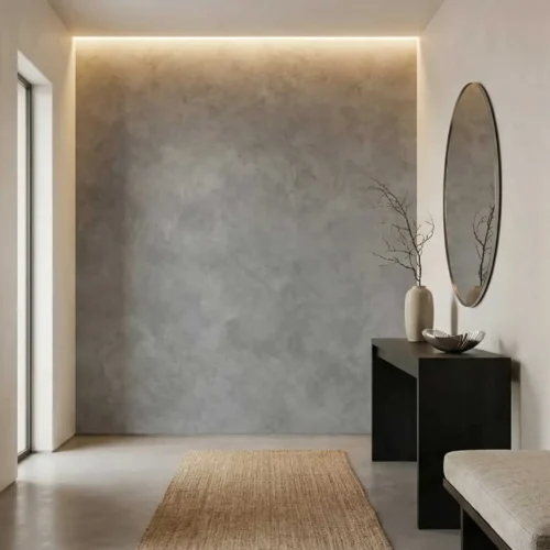 zacht grijs wolk betonlook behang in de hal