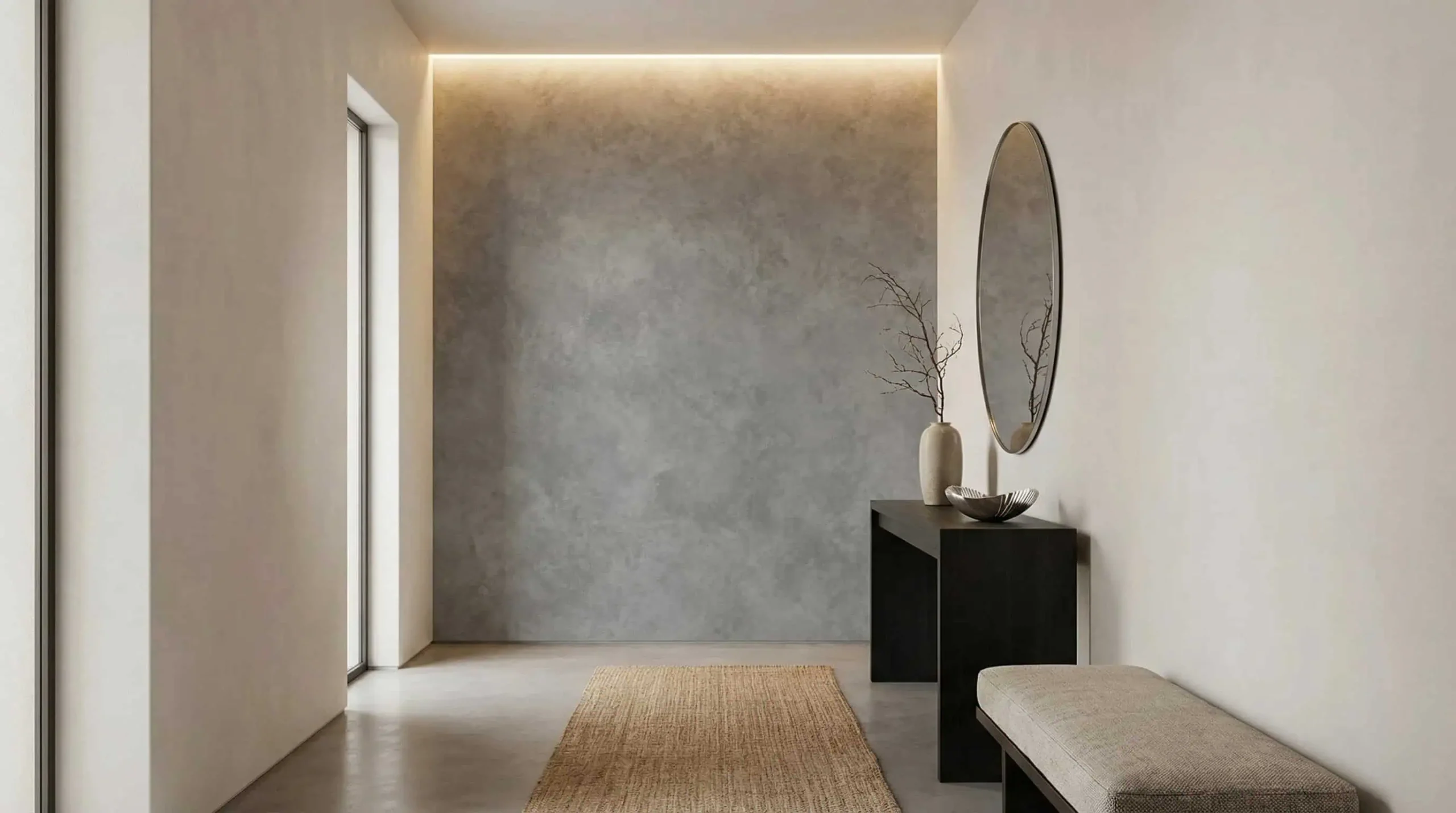 zacht grijs wolk betonlook behang in de hal