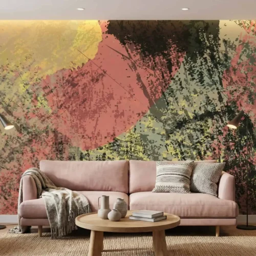 fotobehang abstracte ronde vormen achter roze bank in moderne woonkamer