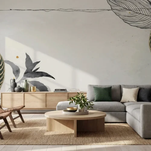 fotobehang botanische bladeren achter hoekbank in moderne woonkamer