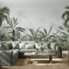 mistige jungle palmen fotobehang achter grote hoekbank in lichte woonkamer