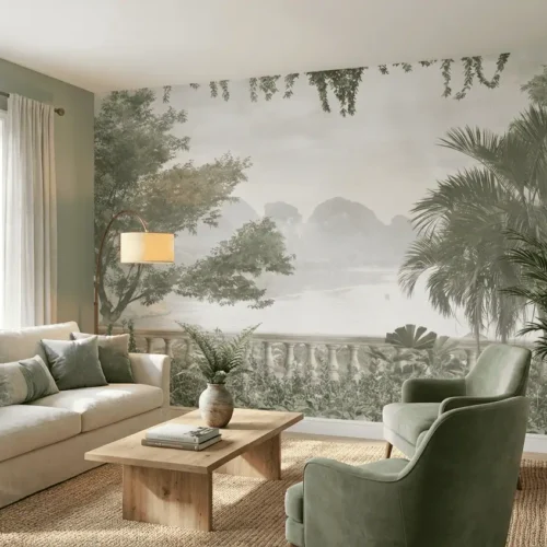 Fotobehang dromerig terras met meer achter bank in lichte groene woonkamer