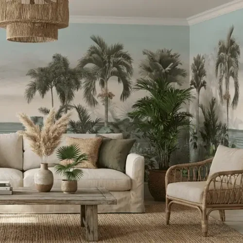 tropisch palmenstrand fotobehang achter rotan zithoek in woonkamer