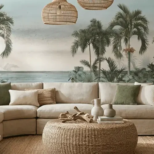tropisch palmenstrand fotobehang achter grote hoekbank in woonkamer