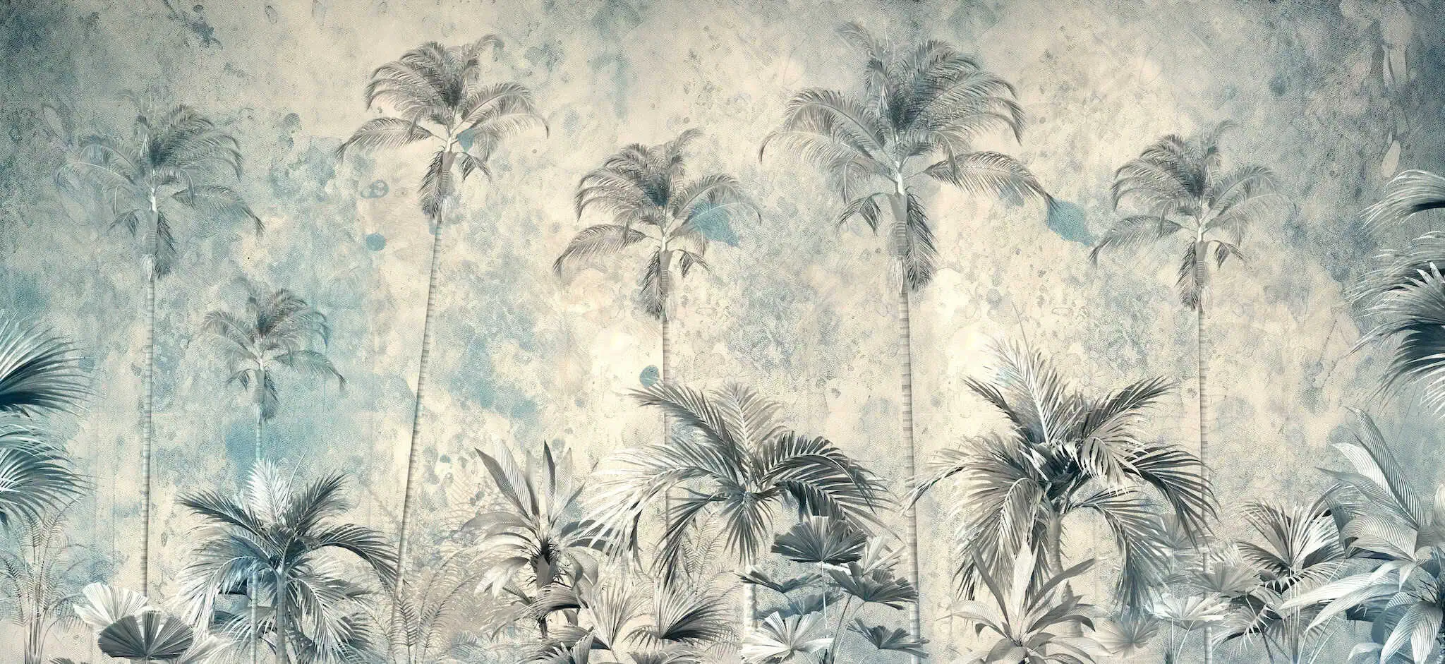 fotobehang tropische palmen in blauwe aquarel met zandkleurige achtergrond