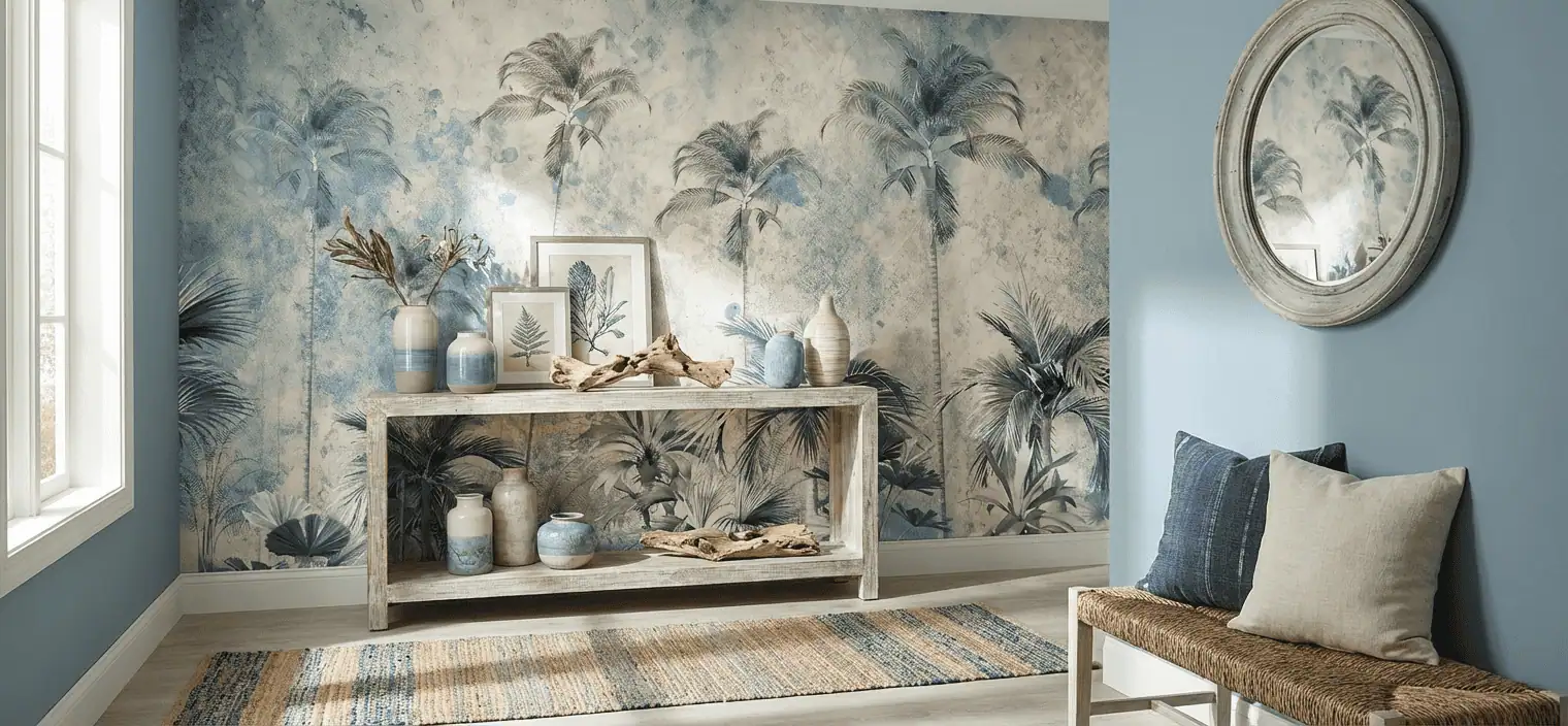 fotobehang tropische palmen achter console en bankje in hal