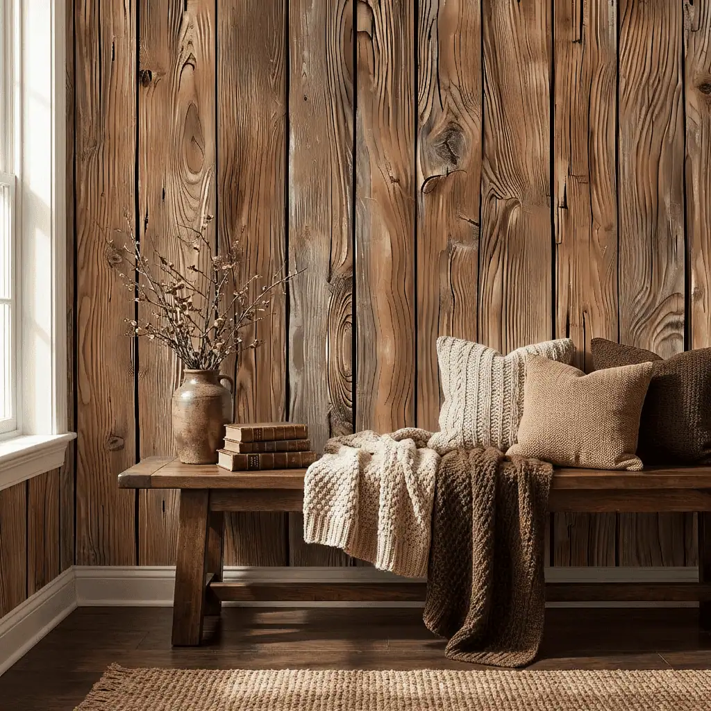 houtlook behang bruin achter houten bank in hal