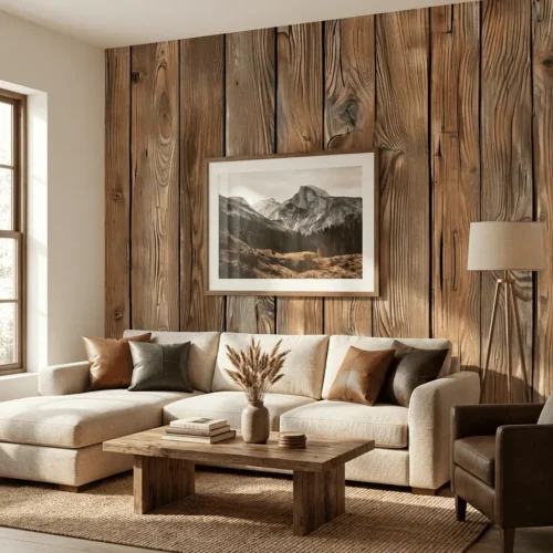 houtlook behang bruin achter lichte hoekbank in moderne woonkamer