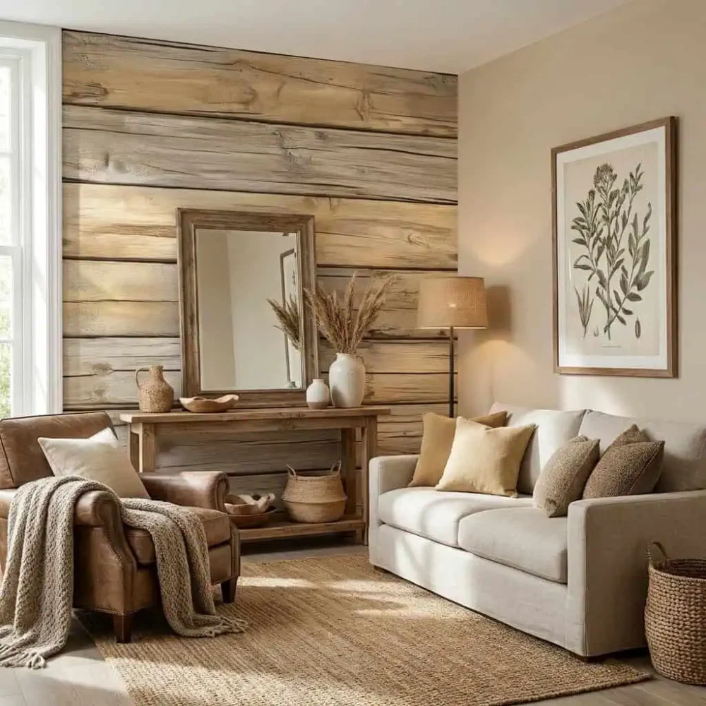 houtlook behang zandkleur achter bank en fauteuil in gezellige woonkamer