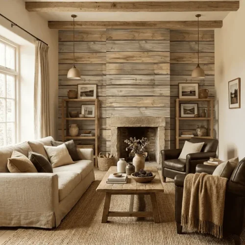 houtlook behang zandkleur achter open haard in landelijke woonkamer