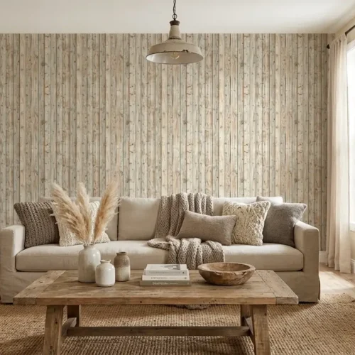 houtlook behang zandkleur achter bank in lichte woonkamer