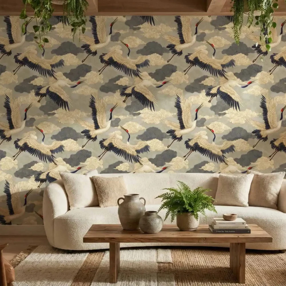 Japans kraanvogels behang achter lichte bank in gezellige woonkamer