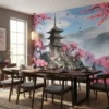 Japans behang roze blauw achter eettafel in eetkamer