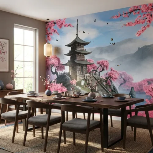 Japans behang roze blauw achter eettafel in eetkamer